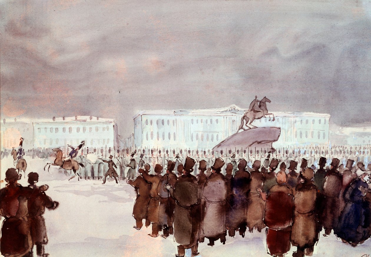 Folkemengden på Senatplassen under Decembrist-opprøret i 1825. Decembrist- eller Decabrist-medlemmer av et hardt undertrykt kuppforsøk organisert i St. Petersburg 14. desember 1825 for å få en grunnlov fra den fremtidige tsaren for å modernisere regimet. A av Anonymous Anonymous