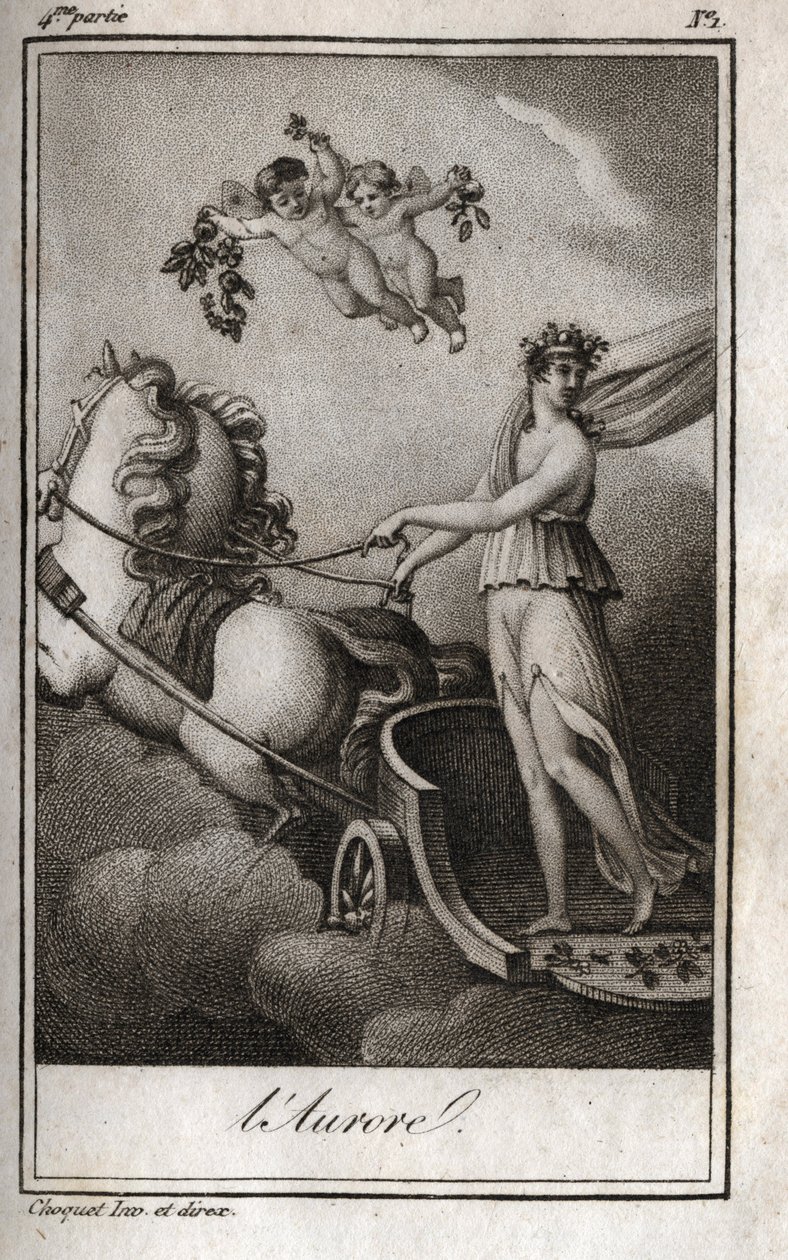 The dawn (Apollo guides the chariot of the sun). Allegory of sunrise. Engraving from 1819 in “Lettres a Emilie sur la mythologie” by Charles Albert Demoustier (1760-1801). Private collection. av Anonymous Anonymous