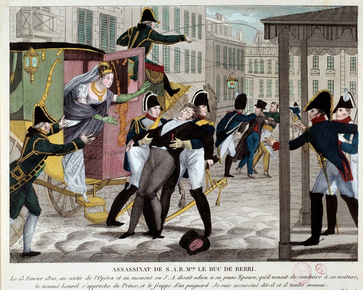 Dødsfallet til Charles Ferdinand de Bourbon, hertugen av Berry (1778-1820) 13/02/1820 ved utgangen til Royal Academy of Music Nevøen til kong Louis XVIII ble myrdet i Operaen av Louvel, en republikaner som ønsket å stenge ned det kongelige dynastiet. Engra av Anonymous Anonymous