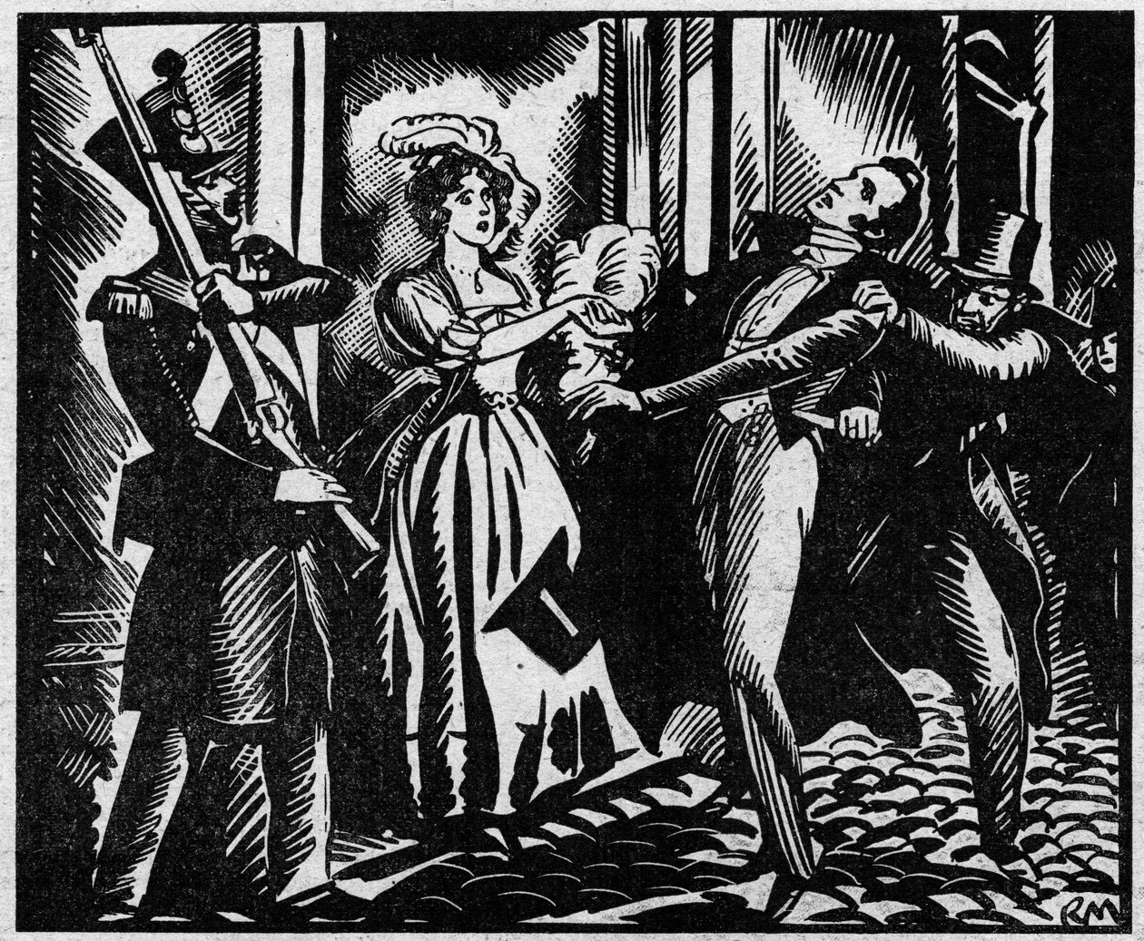 The death of the Duke of Berry (1778-1820) on 13/02/1820 at the Royal Academy of Music”” Nevøen til kong Louis XVIII blir myrdet i operaen av Louvel, en republikaner som ønsker å slukke det kongelige dynastiet. Illustrasjon hentet fra "" Le petit journal i av Anonymous Anonymous