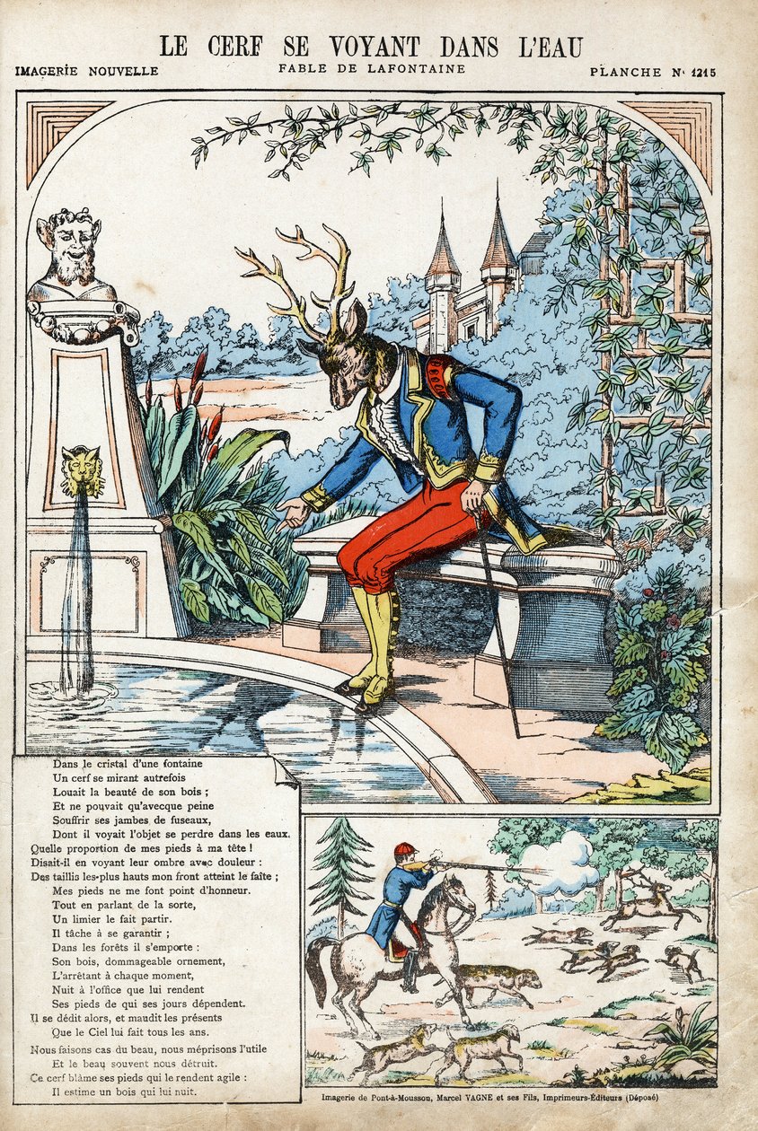 Hjorten ser seg selv i vannet. Anonym illustrasjon for Les Fables av Jean de LA FONTAINE (Lafontaine) (1621-1695). Avbildning av Pont-a-Mousson, ca 1880. Privat samling. av Anonymous Anonymous