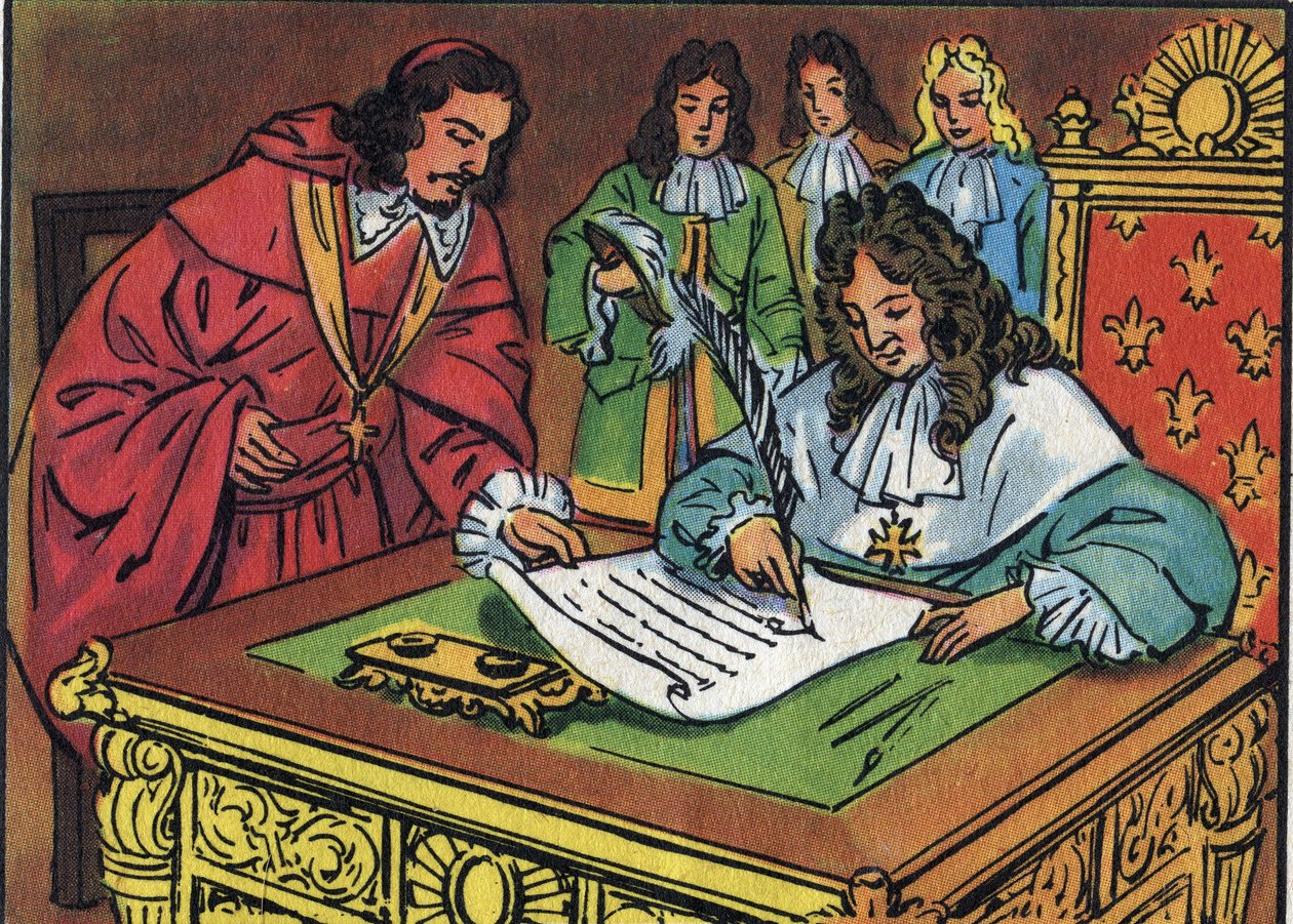 Redigeringen av Fontainebleau, signert av Louis XIV den 18. oktober 1685, opphevet redigeringen av Nantes gitt av Henri IV i 1598. Anonym illustrasjon i "" Collection des souverains et chefs d