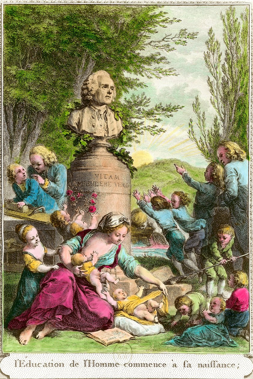 Utdannelsen til mennesket begynner ved hans fødsel: mødre med barna sine, sammen med en byste til hyllest til den sveitsiske filosofen Jean Jacques Rousseau (1712-1778). Gravering av privatsamlingen fra 1700-tallet av Anonymous Anonymous