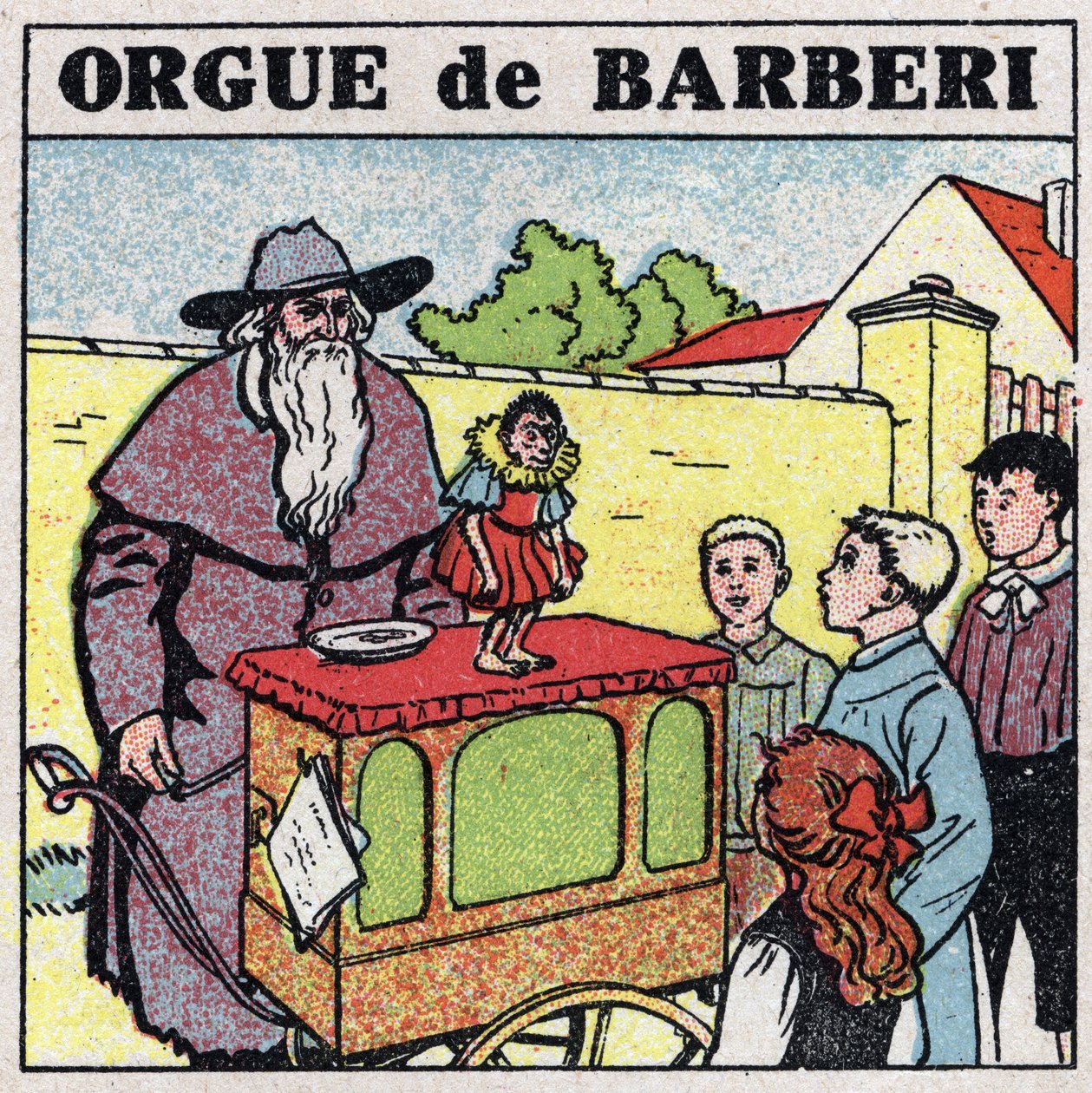 Effektene av musikk: en stikkende orgelspiller og en ape underholder barn på en gate. Anonym illustrasjon fra 1925. Privat samling. av Anonymous Anonymous