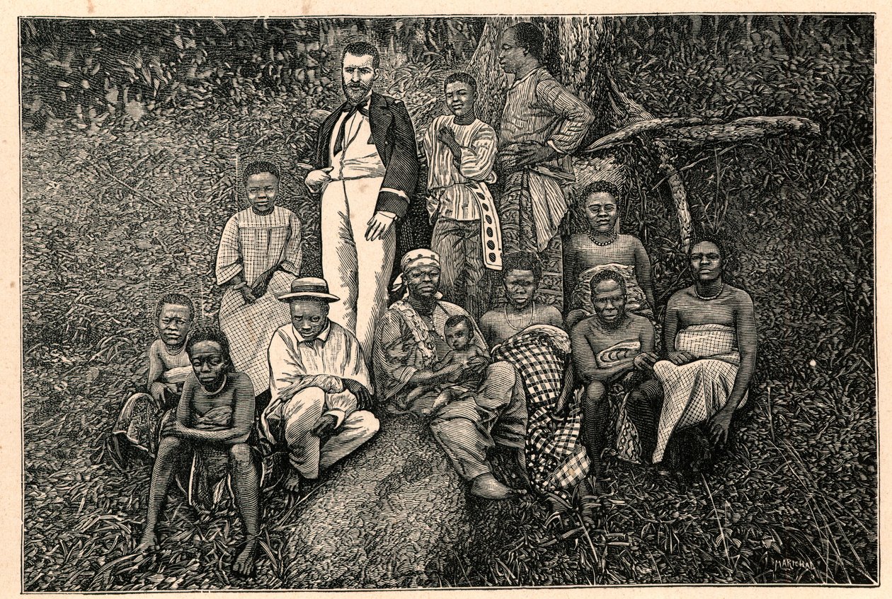 Oppdageren Pierre Savorgnan fra Brazza (1852-1905) og en gruppe urfolk fra det apostoliske vikariatet for de to Guineas (To Guineas) i Gabon. Gravering i «Les Missions Catholiques au XIXeme Siecle»» av Louis-Eugene (Louis Eugene) Louvet. pr av Anonymous Anonymous