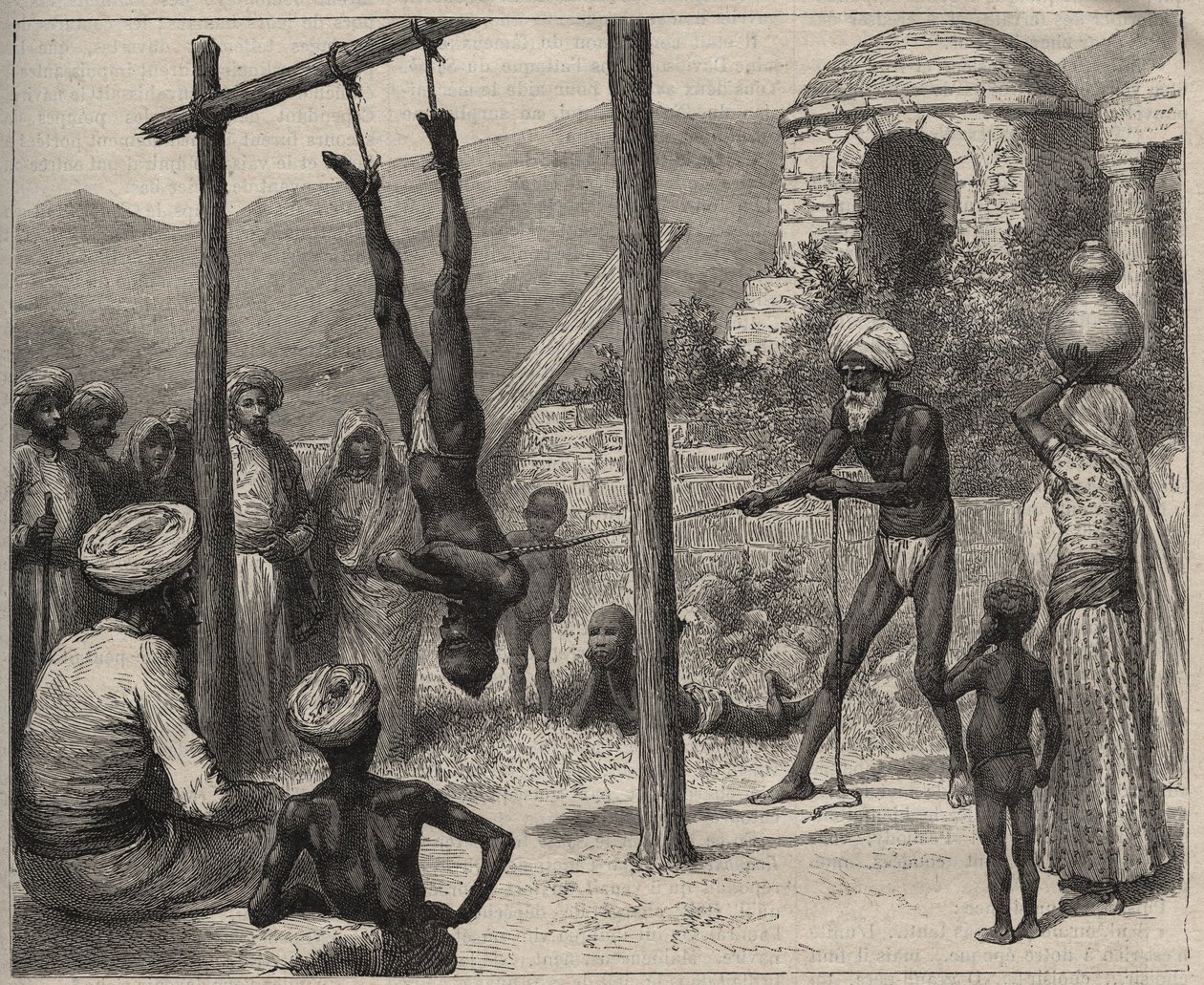 Fakiren i India - Fakirene (Faquir) i India - ble hengt etter føttene på en trestang - gravering fra 1892 i "Journal des voyages". av Anonymous Anonymous