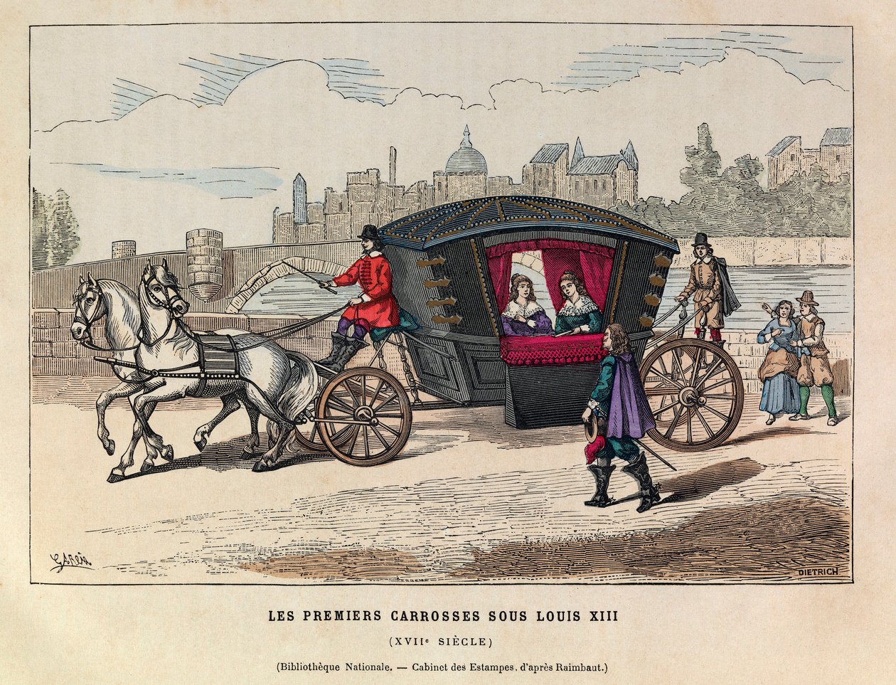 De første vognene under kong Louis XIIIs regjeringstid på 1600-tallet - Tidlig fransk buss, kongen Ludvig XIIIs regjeringstid på 1600-tallet - privat samling av Anonymous Anonymous