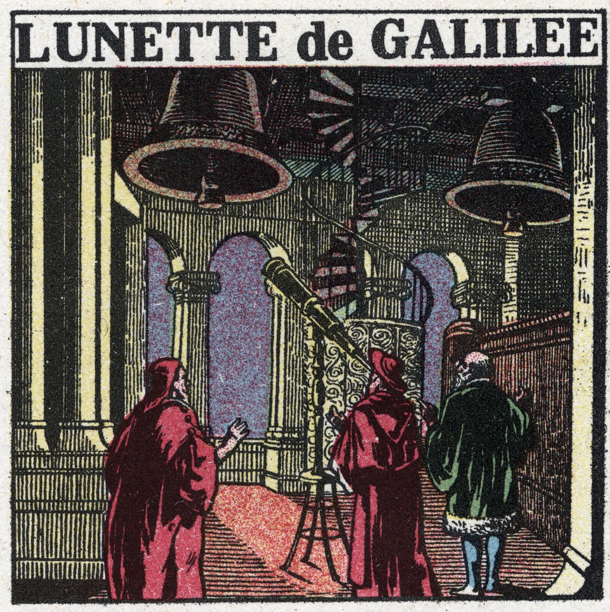 De første optiske instrumentene: astronomisk ramme av Galileo Galilei kalt Galilea (1564-1642) oppfunnet i 1610. Anonym illustrasjon fra 1925. Privat samling. av Anonymous Anonymous