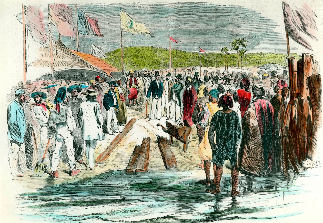 Den første pick-upen ved innvielsen av borearbeidene på Suez-kanalen 25. april 1859. Byggeplassen i Egypt hadde til hensikt å forbinde Rødehavet med Middelhavet, varte til 1869. Gravering av 1800-tallets Collection Particuliere av Anonymous Anonymous