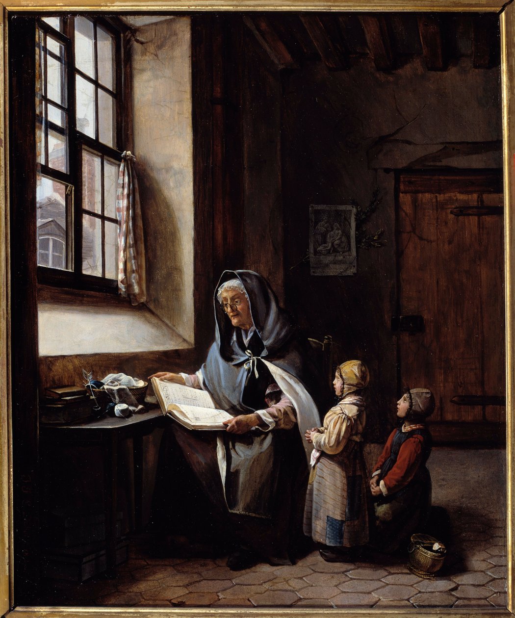 Bestemoren En bestemor leser sine to barnebarn. Anonymt maleri. 1800-tallet. Privat samling av Anonymous Anonymous
