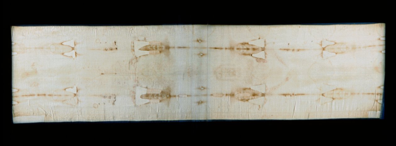 Det hellige likkledet i Torino (eller likkledet eller sacra sindone), linlaken som viser spor (antagelig Kristus) av tortur av en kropp. Royal Chapel of Cathedrale Saint John the Baptist i Torino, Italia. - The Holy Shroud of Turin (sacra sindone), gammel  av Anonymous Anonymous
