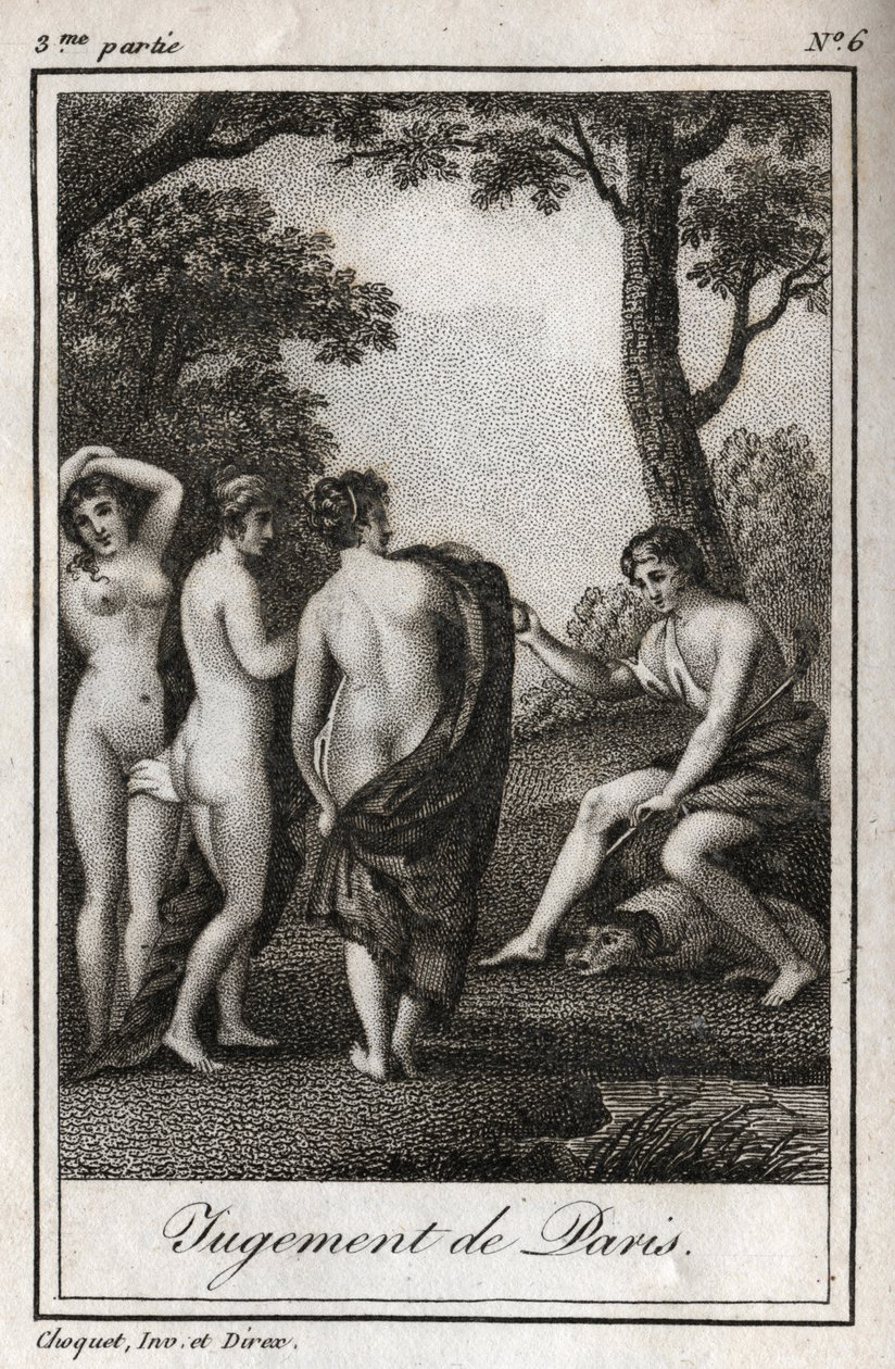 Paris-dommen Hyrden Paris må velge hvem han vil gi gulleplet for å designe den vakreste av de tre gudinnene, Athena, Afrodite eller Hera. Gravering fra 1819 i "Lettres a Emilie sur la mythologie" av Charles Albert Demoustier av Anonymous Anonymous