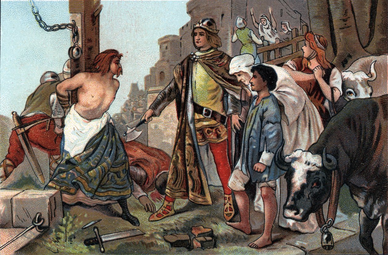 Rettferdigheten til Baudouin VII (1092-1119), sa grev av Flandern til øksen. Reklamekromolitografi av Antoine-sjokolade i Brussel, begynnelsen av 1900-tallet. Privat samling av Anonymous Anonymous