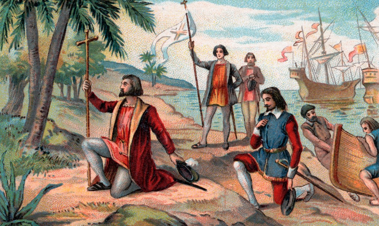 Landingen av Christopher Columbus (Christopher Columbus, Cristoforo Colombo, Cristobal Colon) (1451-1506) i den nye verden av Anonymous Anonymous