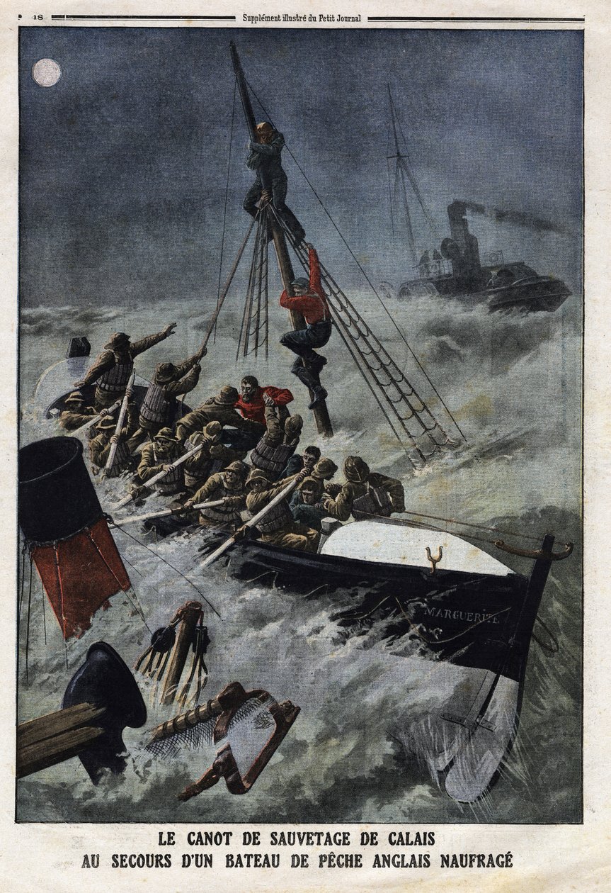 Redningsbåten til Calais for å redde en engelsk fiskebåt som synker. Gravering i "" Le Petite Journal"", 11.02.1912. Privat samling. av Anonymous Anonymous
