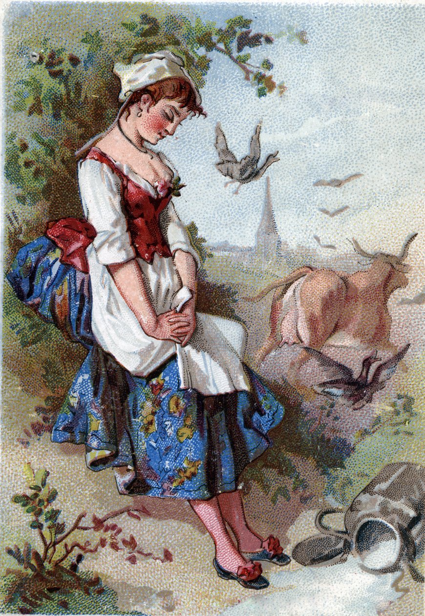 Melken og melkegryten. Fabel av Jean de La Fontaine (Lafontaine) (1621-95). Kromolitografi fra 1800-tallet. Privat samling. av Anonymous Anonymous