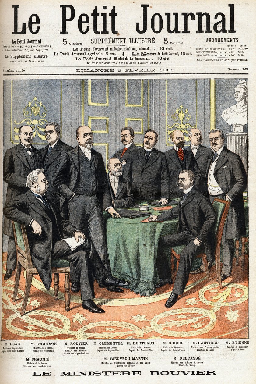 Rouviers departement: Nederst fra venstre til høyre: Joseph Ruau (1865-1923), landbruksminister, Gaston Thomson (1848-1932), marineminister, Maurice Rouvier (1842-1911), president for rådet og Finansminister Etienne Clementel (186 av Anonymous Anonymous