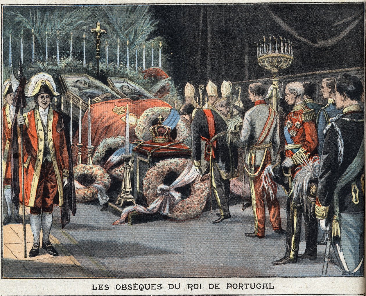 Obsequene til kongen av Portugal Charles I (1863-1908) døde myrdet 1. februar 1908. Gravering fra avisen "" Le Peute Parisien"", 23.02.1908. Privat samling. av Anonymous Anonymous