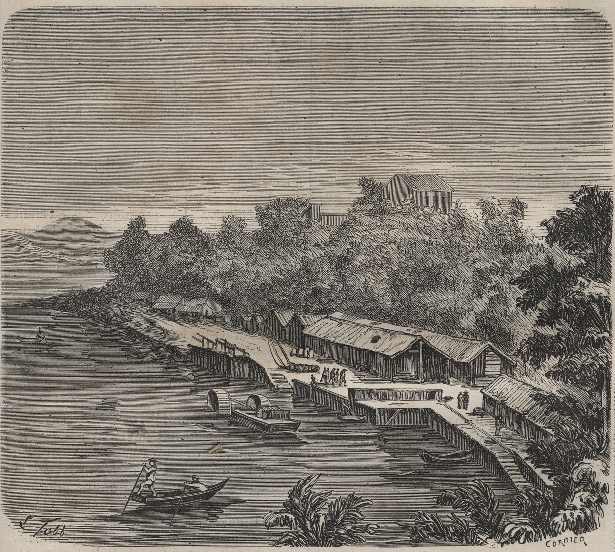 Penitentiary Saint-Laurent i Cayenne (Fransk Guyana) på 1800-tallet. Gravering i "Fengselshistorie fra deres opprettelse til i dag"" (1877) av Pierre Zaccone (1817-1895) (Colonia Penale - straffekoloni) av Anonymous Anonymous