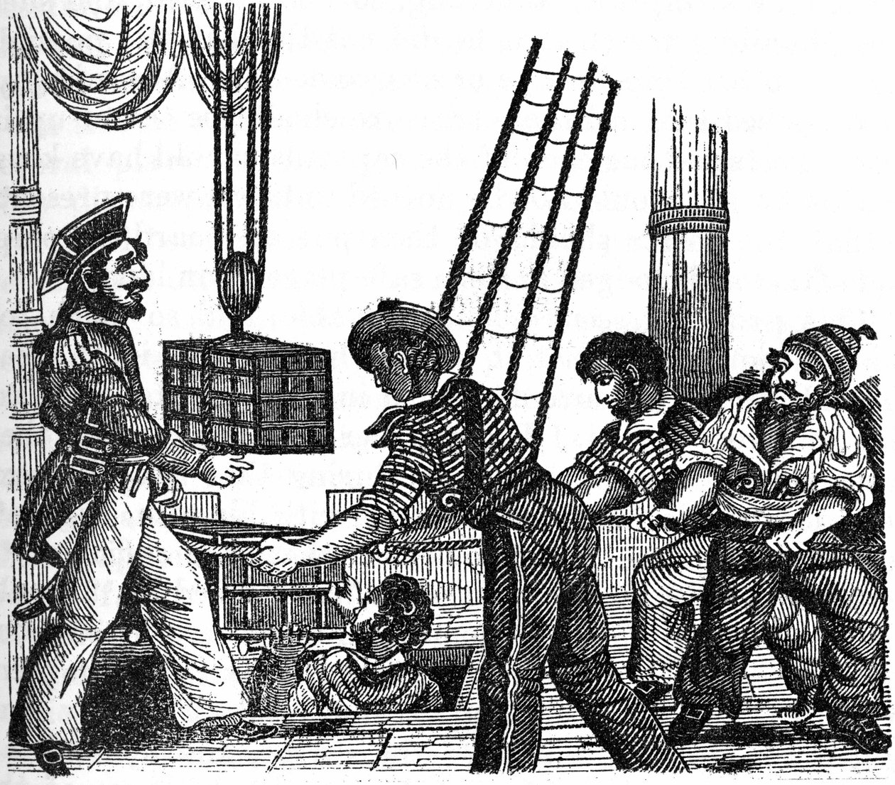 Piraten "" Long Ben"" John Avery (gjorde i 1643) lastet tre kasser med treasor (gull og steiner) på skipet sitt. Gravering av "" Piratens egen bok"" 1837. av Anonymous Anonymous