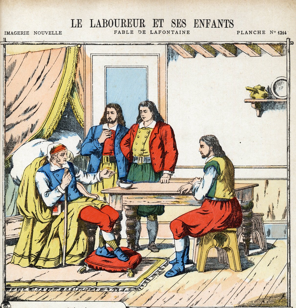 Pløyeren og barna hans. Anonym illustrasjon for Les Fables av Jean de LA FONTAINE (Lafontaine) (1621-1695). Avbildning av Pont-a-Mousson, ca 1880. Privat samling. av Anonymous Anonymous