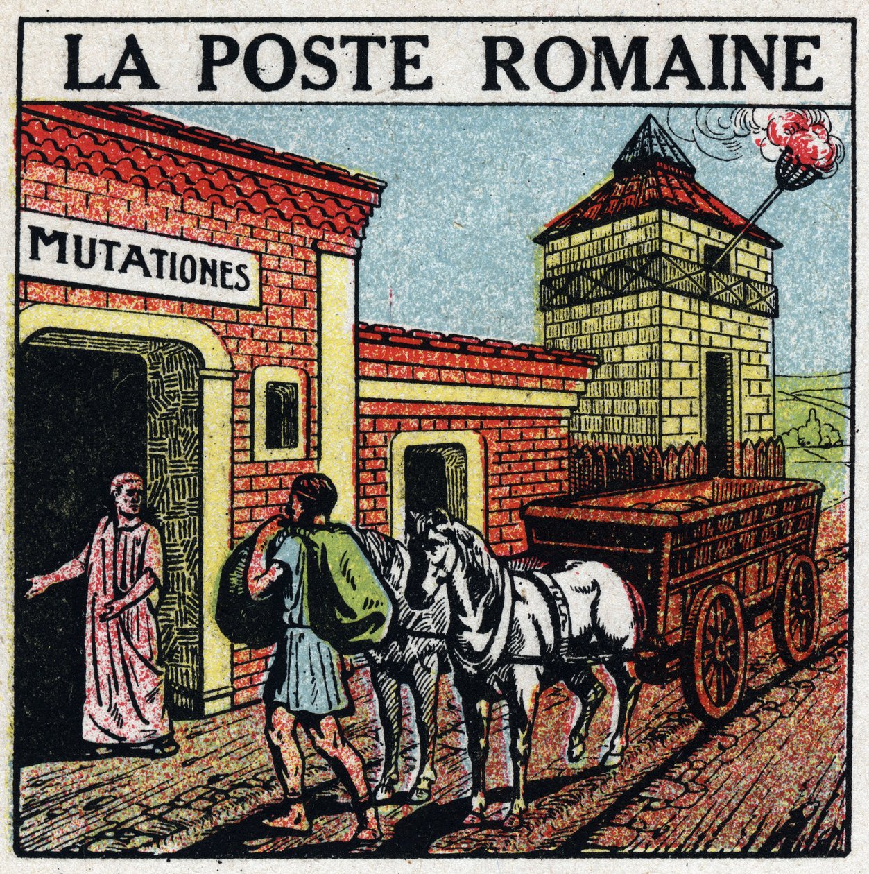 Posten: den romerske posten. En "mutationes", et sted hvor hester brukt til postkontoret kunne leies kalt "" curriculum publicus". Anonym illustrasjon fra 1925. Privat samling. av Anonymous Anonymous