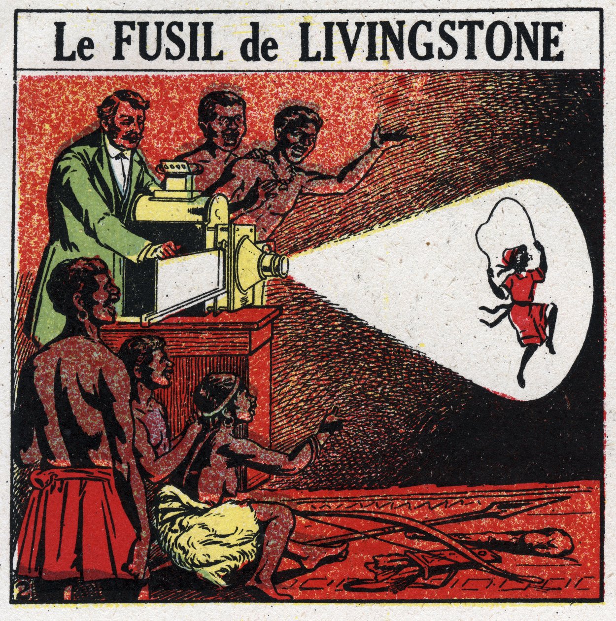 Projeksjonen: Livingstones rifle. David Livingstone (1813-1873) skotsk misjonær og oppdagelsesreisende med den magiske lykten i Balonda-stammen i Afrika. Anonym illustrasjon fra 1925. Privat samling. av Anonymous Anonymous