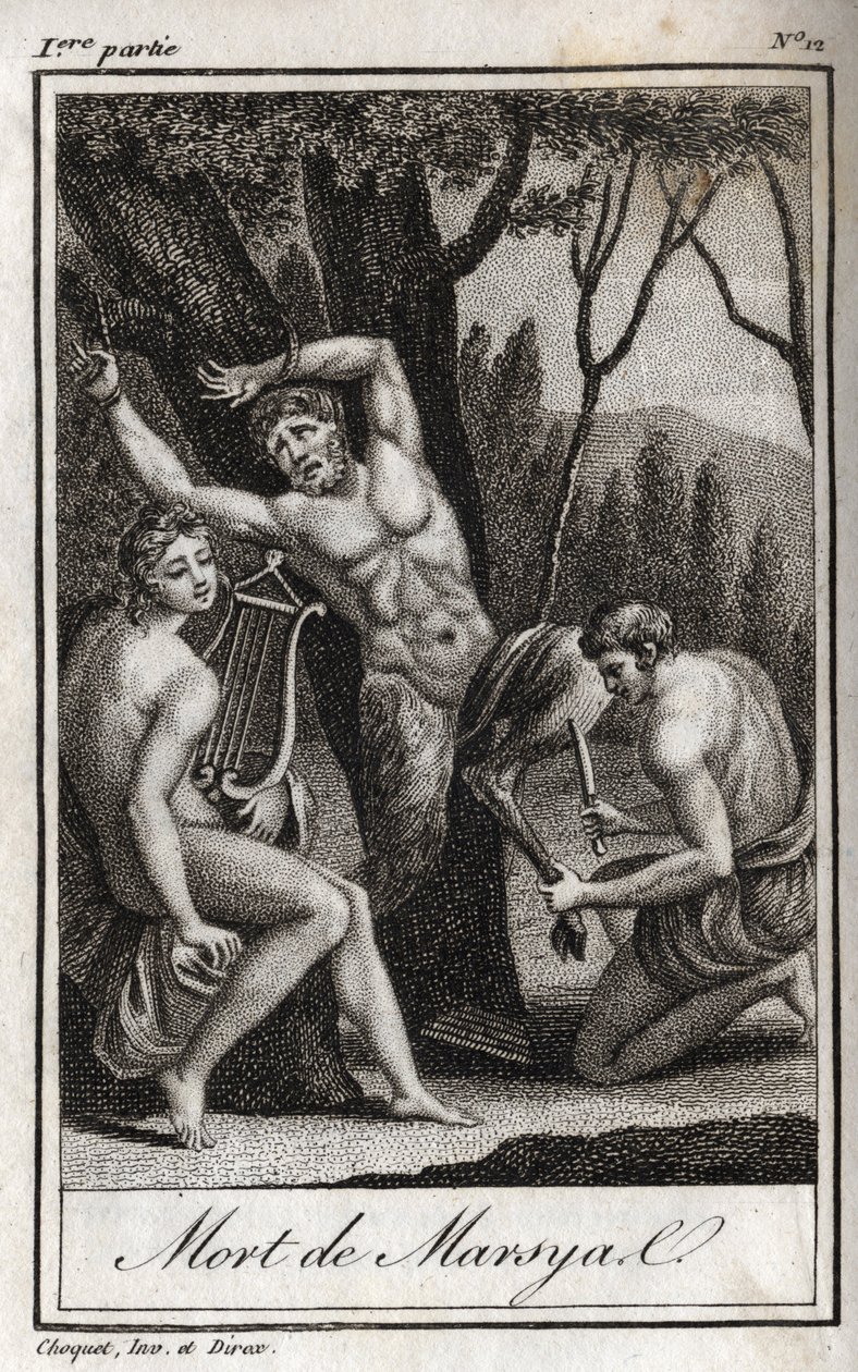 Straffen eller døden til Marsyas (The Punishment of Marsyas) blir straffet for å ha trosset Apollo til lyren og sperres av bueskytteren i nærvær av kong Midas og musene. Gravering fra 1819 i «Lettres a Emilie sur la mythologie» av Charles av Anonymous Anonymous