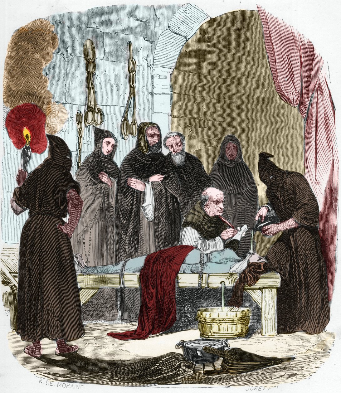 The question of water: Pedro (Pierre) de Arbues (1441/1442 - 1485) interrogates under torture a young woman who allegedly induced her sister to turn to Lutheranism. Tie by strings, water is poured into a cloth that is pushed into the bottom of the throat.  av Anonymous Anonymous