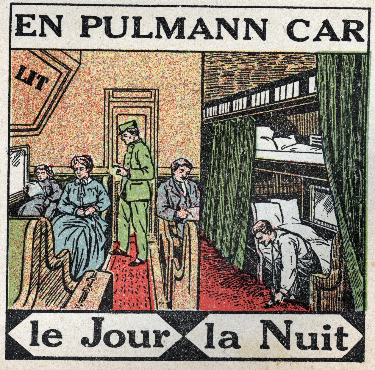 Jernbanene: inne i Pullman-vognen. Anonym illustrasjon fra 1925. Privat samling. av Anonymous Anonymous