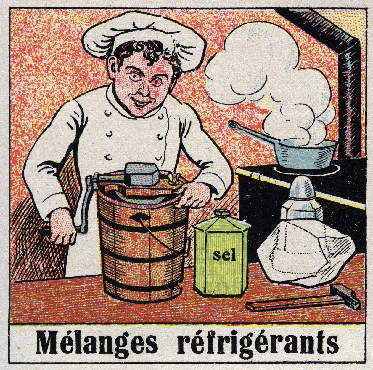 Kjøleindustrien: kjølemiddelblandinger som brukes til matlaging. Anonym illustrasjon fra 1925. Privat samling. av Anonymous Anonymous