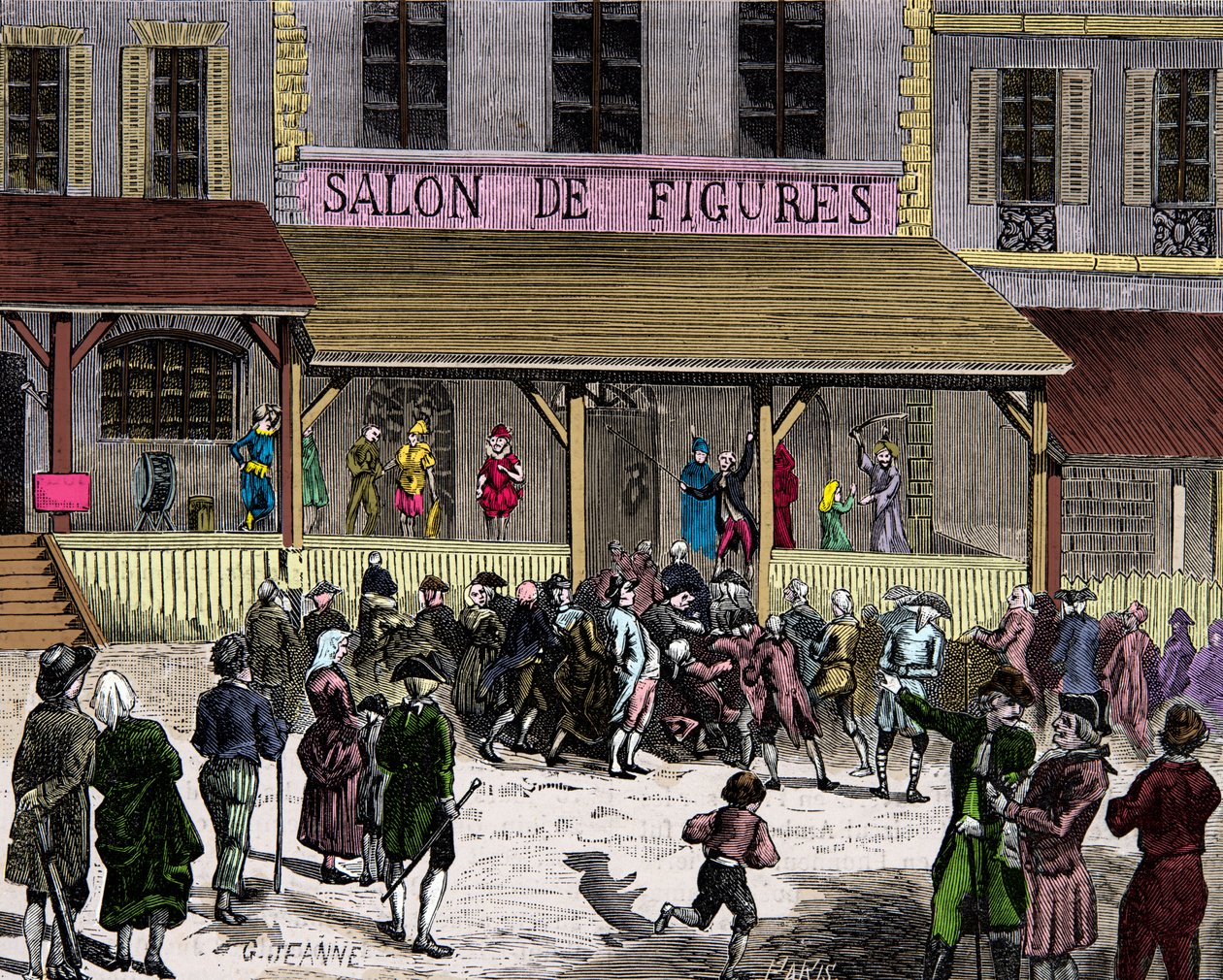 Salongen med voksfiken boulevard du temple i Paris på 1700-tallet grunnlagt av Curtius, gravering, privat samling av Anonymous Anonymous