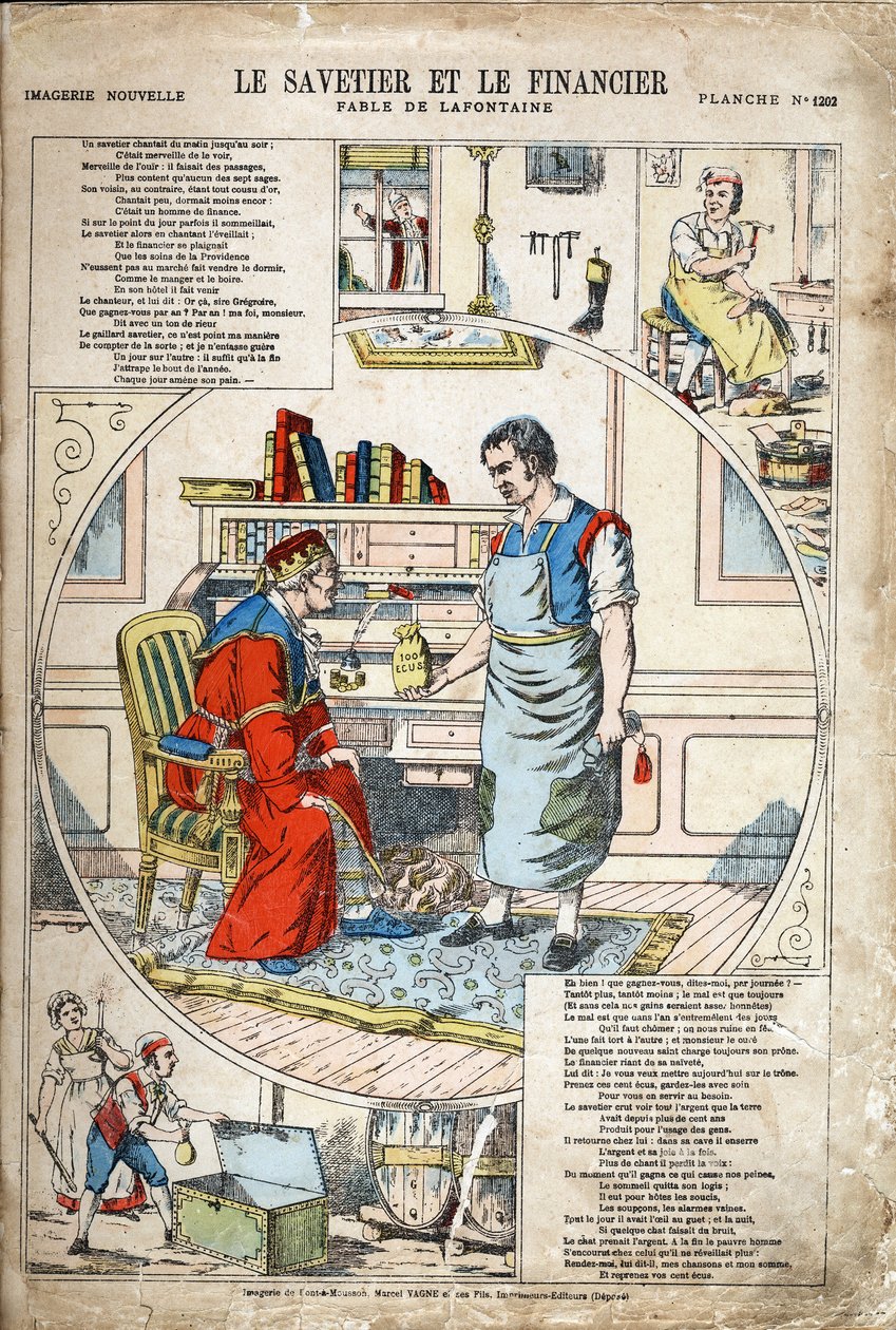 Spareren og finansmannen. Anonym illustrasjon for Les Fables av Jean de LA FONTAINE (Lafontaine) (1621-1695). Avbildning av Pont-a-Mousson, ca 1880. Privat samling. av Anonymous Anonymous