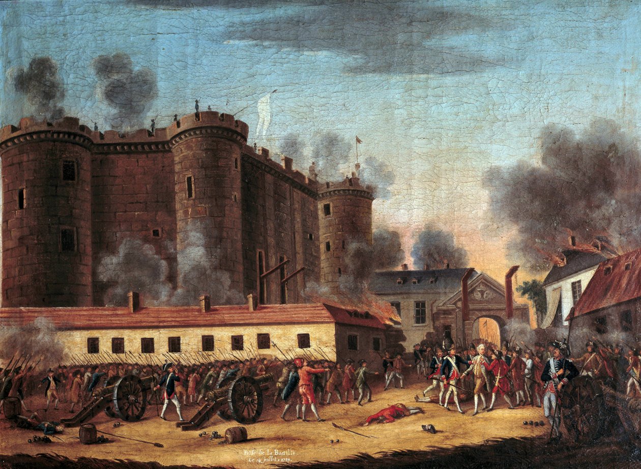 Beslagleggelsen av Bastillen 14. juli 1789 og arrestasjonen av Monsieur de Launay. Marquis Bernard Rene (Bernard-Rene) Jordan de Launay (1740-1789), guvernør i Bastillen. Anonymt maleri. Olje på lerret. Mål: 0,63 x 0,81 m. Paris, Musee Carnavalet - Th av Anonymous Anonymous