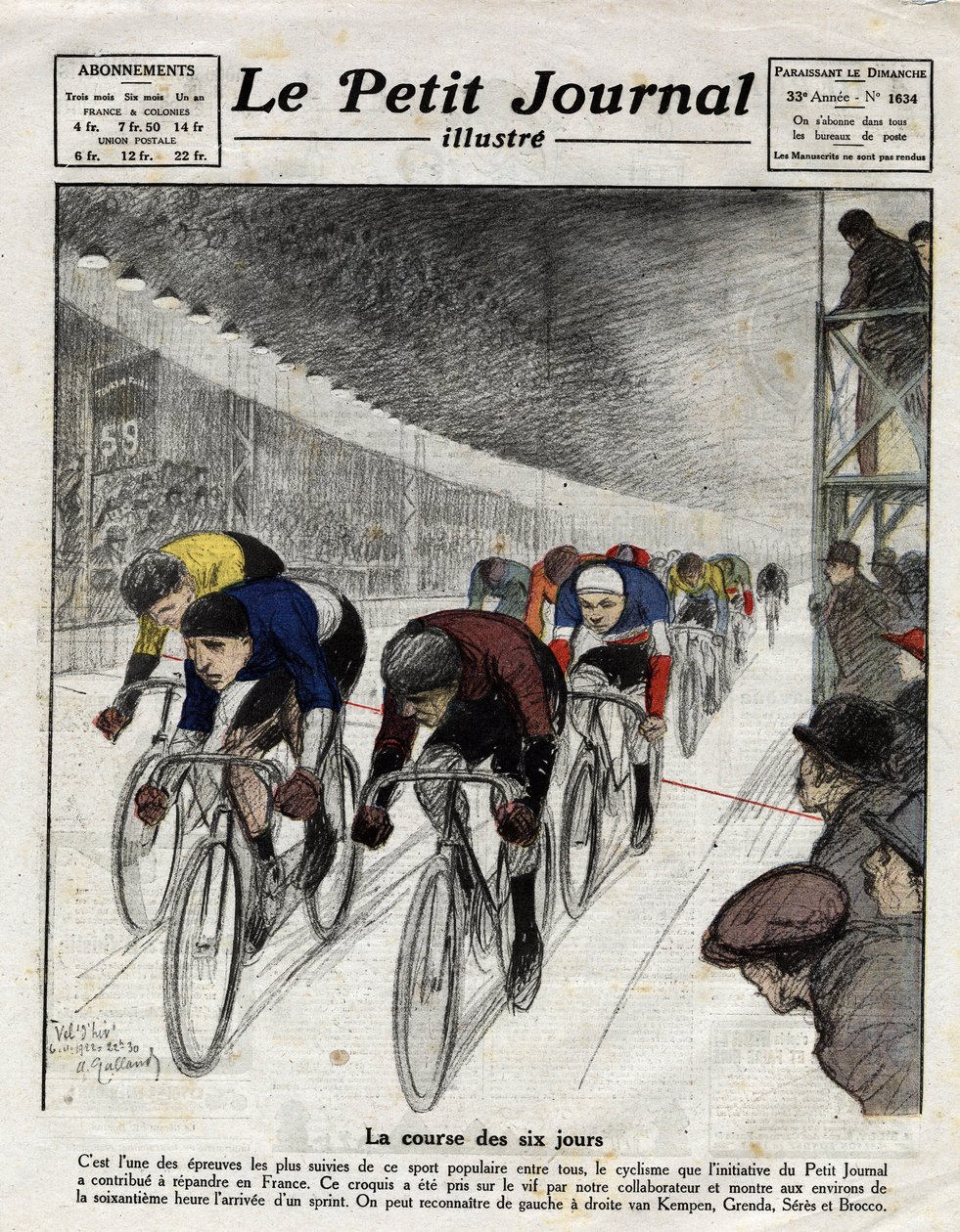 The six-day race: Piet van Kempen (1898-1985), Alfred Grenda, Seres and Maurice Brocco (1883-1965) during the sprint. Engraving in Le Petit Journal illustre, on 16/04/1922 av Anonymous Anonymous