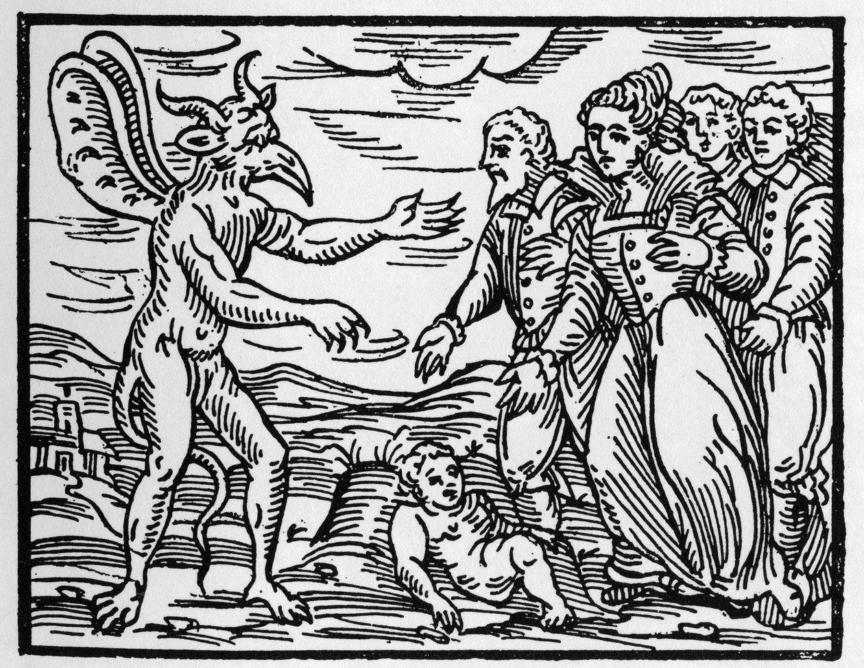 Trollmennene som presenterer et barn for djevelen - "" Compendium Maleficarum"", handler om hekser, deres ondskap og deres sortileges av Francesco Maria Guazzo eller Guaccio eller Guaccius (15?? -16??) Privatsamling fra 1608 av Anonymous Anonymous