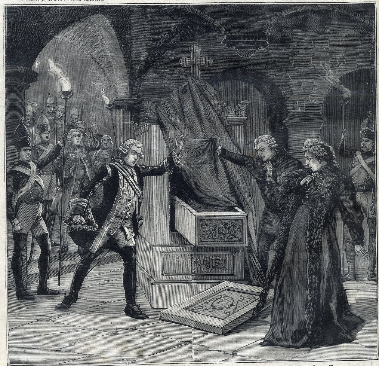 Scenen til kjellere i stykket "" Catherine of Russia"" på teatret til Cathelet Paul Ginisty (1855-1932) og Charles Samson (1894-1895). Gravering i "" Le Petro Parisien"" av Anonymous Anonymous