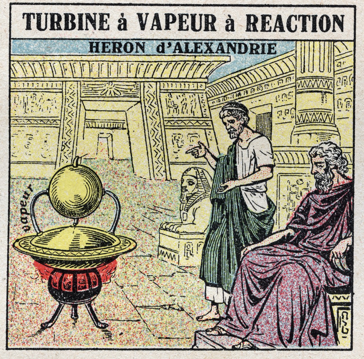 The steam machine: a reaction steam turbine. Eolipyle invented by the Greek Heron of Alexandria (or Heron The Elder) in the 1st century AD. Anonymous illustration from 1925. Private collection. av Anonymous Anonymous