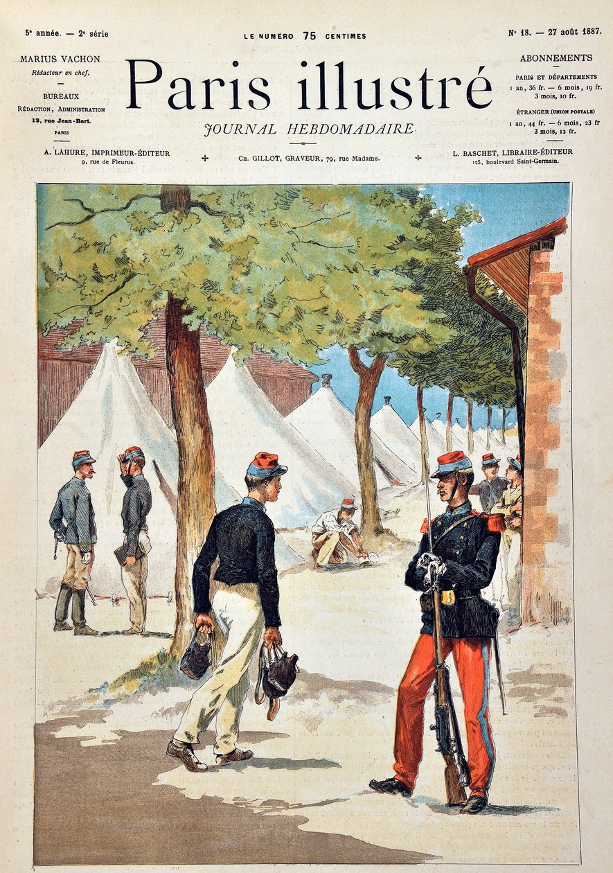 The students of the school of Saint-Cyr (Saint Cyr) at the camp of Chalons. Engraving from 1887 in “” Paris-Illustrous journal weekly””. av Anonymous Anonymous