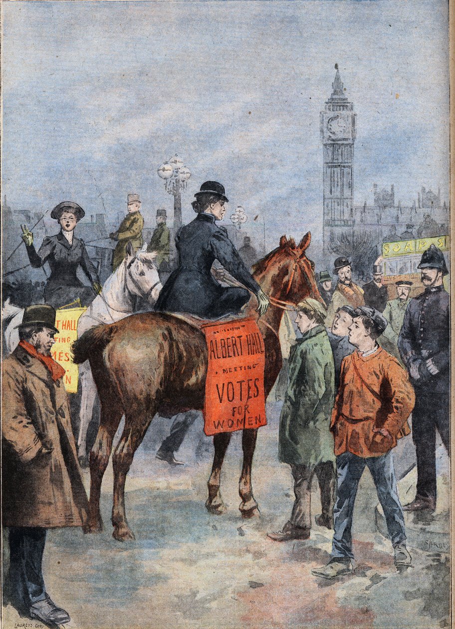 Suffragettene reiser rundt i London på hesteryggen. Gravering fra avisen "" Le Petite Parisien"" av Anonymous Anonymous
