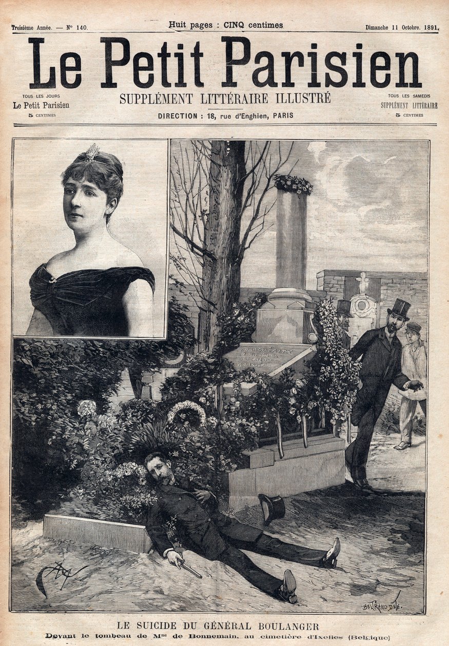 Selvmordet til general Georges Boulanger (1837-1891) på kirkegården i Ixelles i Belgia foran Madame Bonnemains grav. Gravering i “” Le petit Parisien”” fra 1891. Privat samling. av Anonymous Anonymous