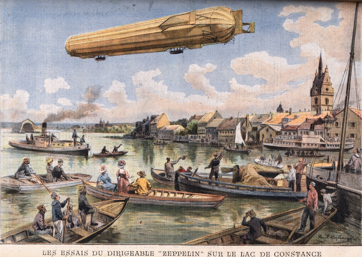 Testene av Zeppelin-luftskipet på Bodensjøen i Tyskland. Gravering fra avisen "" Le Peute Parisien"", 2/08/1908. Privat samling. av Anonymous Anonymous