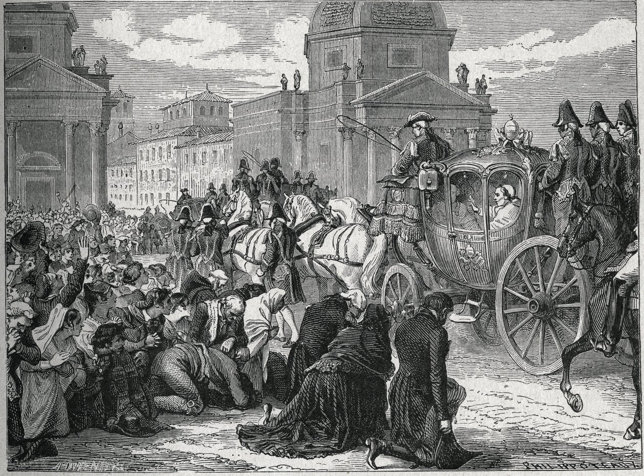 Det triumferende inntoget til pave Pius VII (Pio) (1742-1823) i Roma (Roma) 24. mai 1814. Gravering fra 1800-tallet. Privat samling. av Anonymous Anonymous