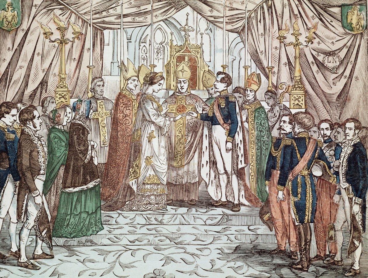 Bryllupet til Napoleon III og Eugenia Maria de Montijo de Guzman, 30.01.1853 ved Vår Frue-katedralen (gravering av Anonymous Anonymous