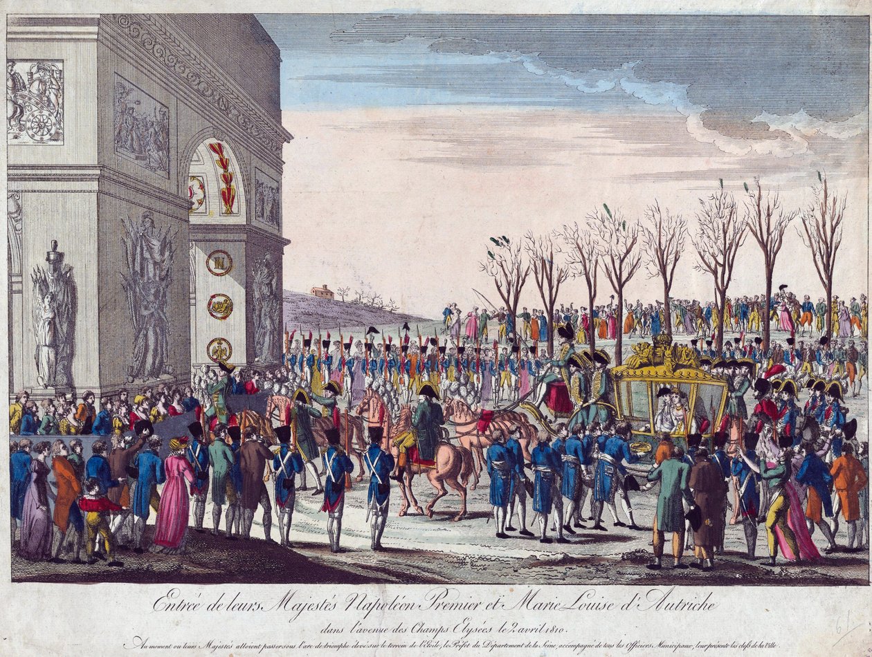 Bryllupsprosesjonen til Napoleon og Marie-Louise langs Champs Elysees 2. april 1810 - Anonym - 1810 - Etsning, akvarell - 35,3x45,7 - Privat samling av Anonymous Anonymous