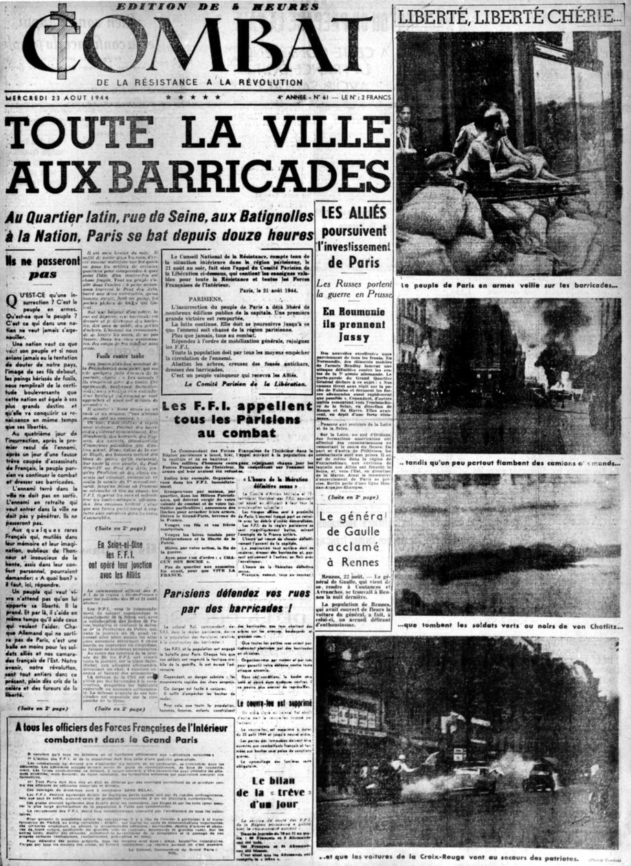 Hele byen ved barrikadene: frigjøring av Paris - i "Combat"" av 23.08.1944, koll. MDJ Bernard. av Anonymous Anonymous