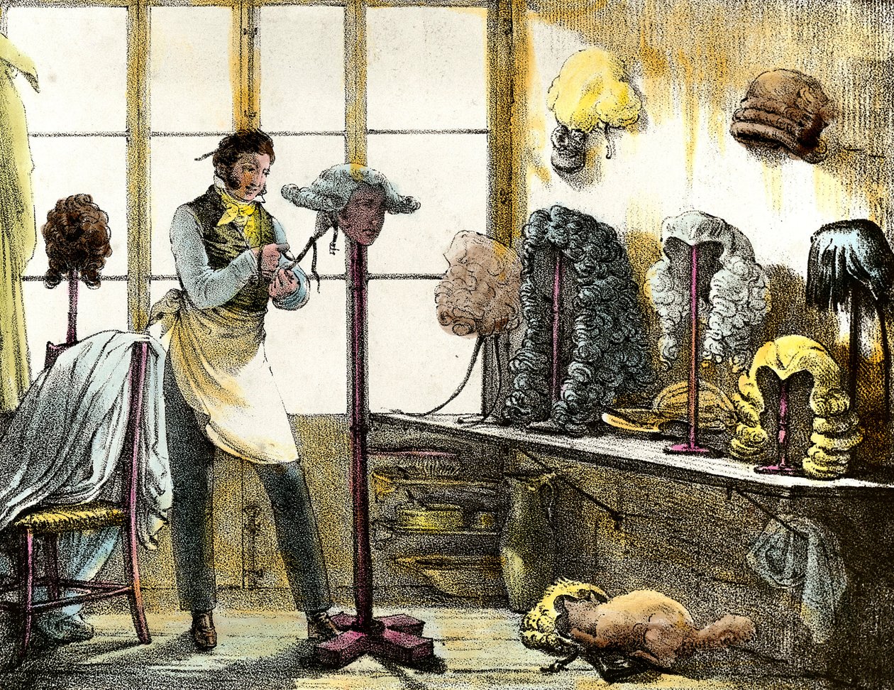 Parykken styler en parykk av en catogan, herrefrisør. Gravering fra speilshow, brev, medisiner osv. Kunsten”” 1821-1823 Privat samling av Anonymous Anonymous