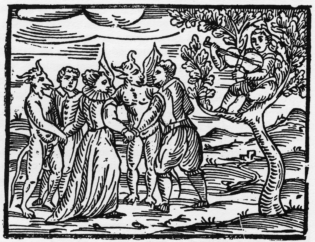 Heksene på sabbaten som danser til lyden av fiolinen - "Compendium Maleficarum", tar for seg heksene, deres ondskap og deres sortileges av Francesco Maria Guazzo eller Guaccio eller Guaccius (15?? -16??) 1608 Private Collection av Anonymous Anonymous