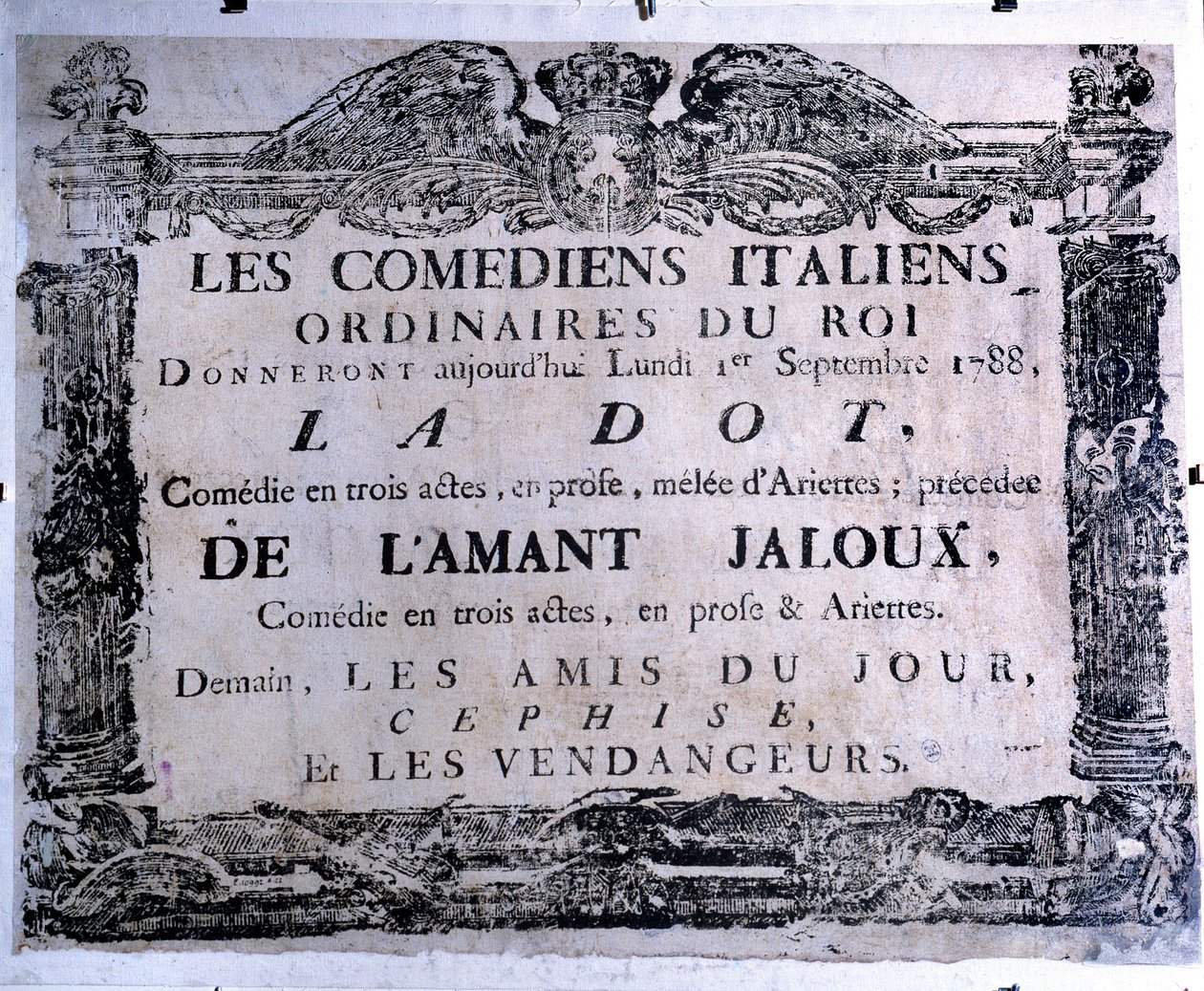 Teaterplakat som presenterer stykket "The dot" og "The jealous lover"" fremført av italienske komikere, 01.09.1788. Paris. Carnavalet museum av Anonymous Anonymous