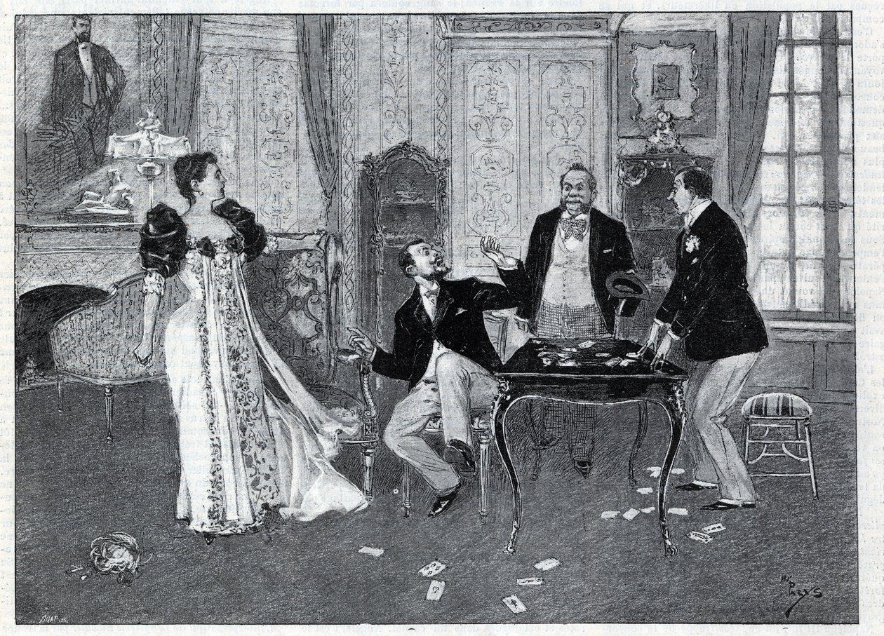 Teaterrepresentasjon: "" The Systeme Ribadier"", vaudeville av Georges Feydeau (1862-1921) og Maurice Hennequin (1863-1926) ved Theatre du Palais-Royal i Paris. Gravering i “Le monde illustree”” fra 1892. Privat samling. av Anonymous Anonymous